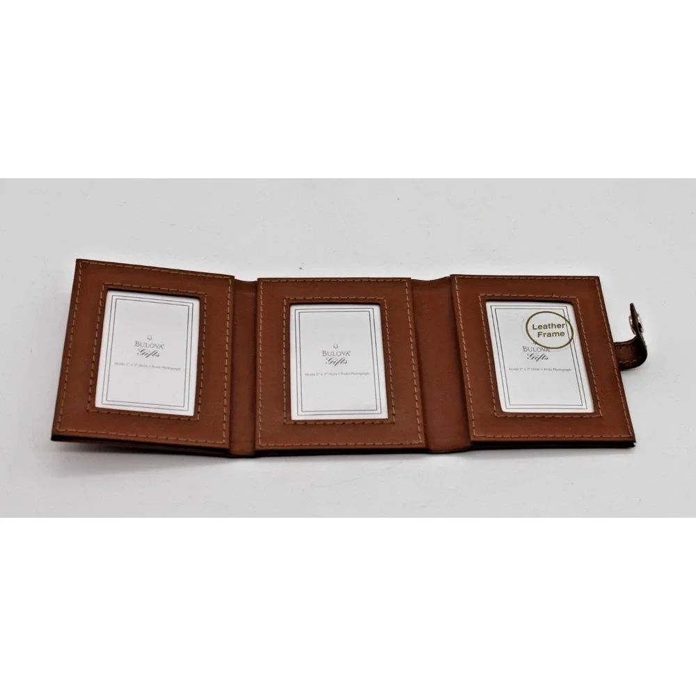 Bulova Triple Folding Photo Album Travel Picture Frame Leather Brown Snap Close